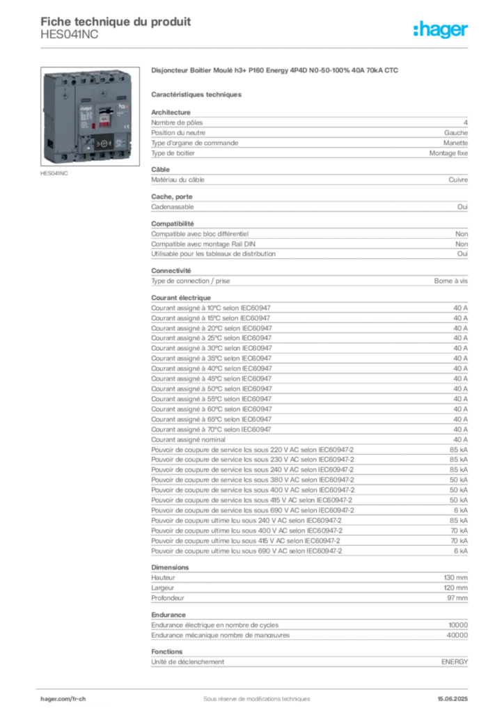 Image Hager Fiche technique du produit HES041NC | Hager Suisse