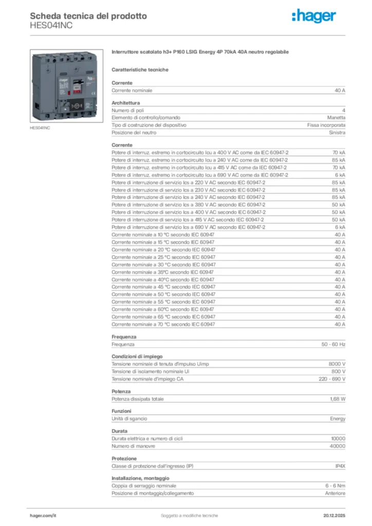 Immagine Hager Scheda tecnica del prodotto HES041NC | Hager Italia