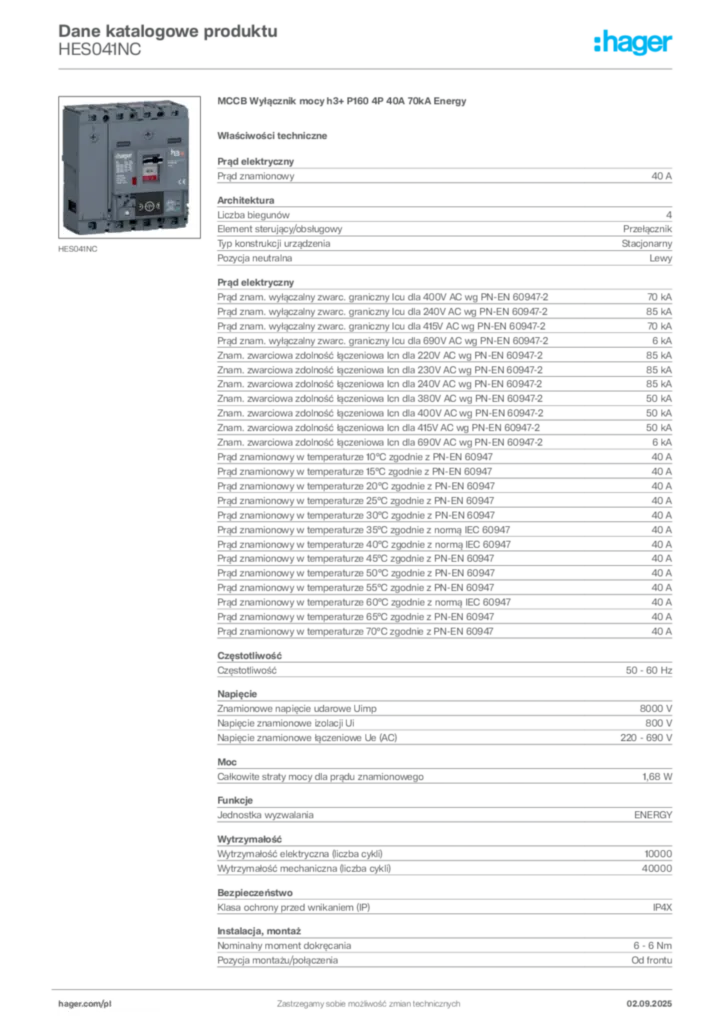 Zdjęcie Hager Dane katalogowe produktu HES041NC | Hager Polska