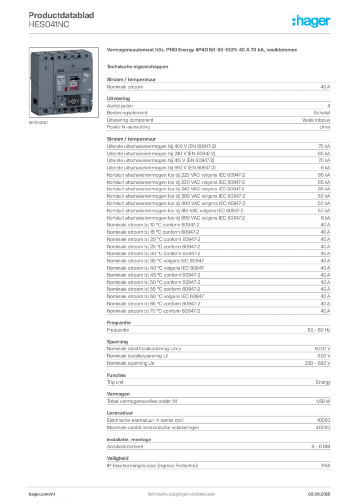 Afbeelding Hager Productdatablad HES041NC | Hager Nederland