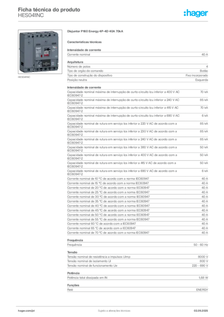 Imagem Hager Ficha técnica do produto HES041NC | Hager Portugal