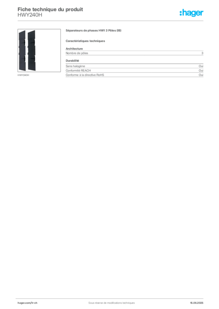 Image Hager Fiche technique du produit HWY240H | Hager Suisse