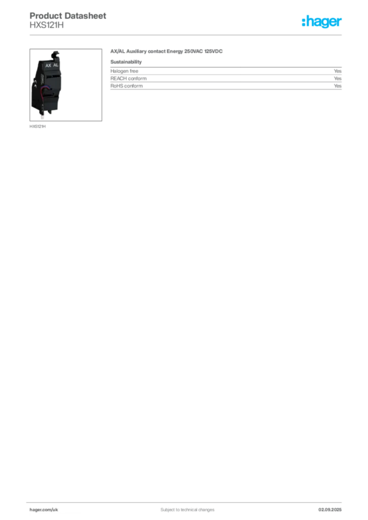 Image Hager Product data sheet HXS121H  | Hager
