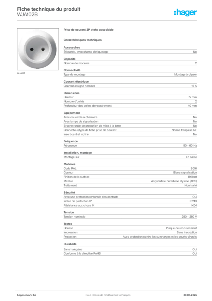 Image Hager Fiche technique du produit WJA102B | Hager Belgique