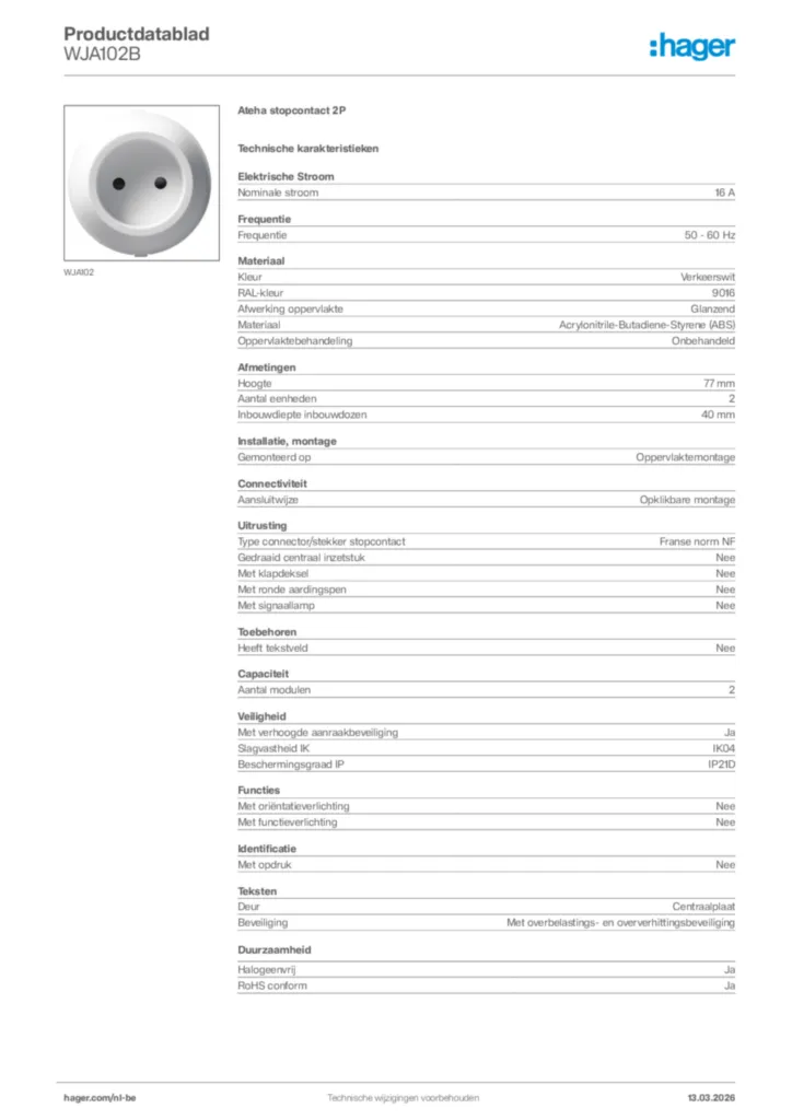 Afbeelding Hager Productdatablad WJA102B | Hager Belgium