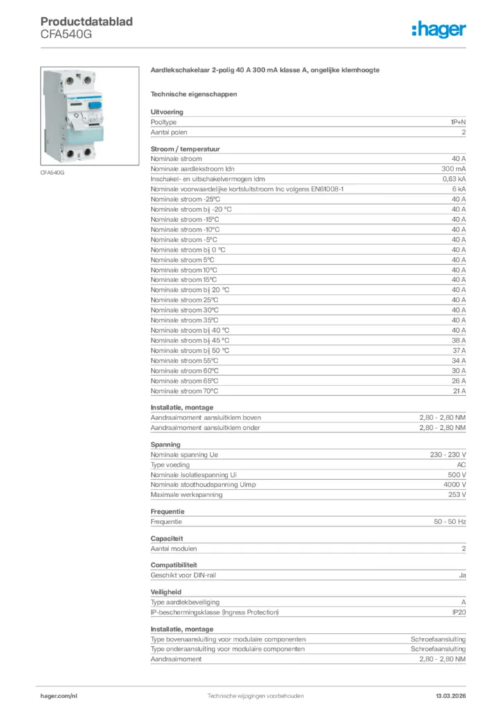 Afbeelding Hager Productdatablad CFA540G | Hager Nederland