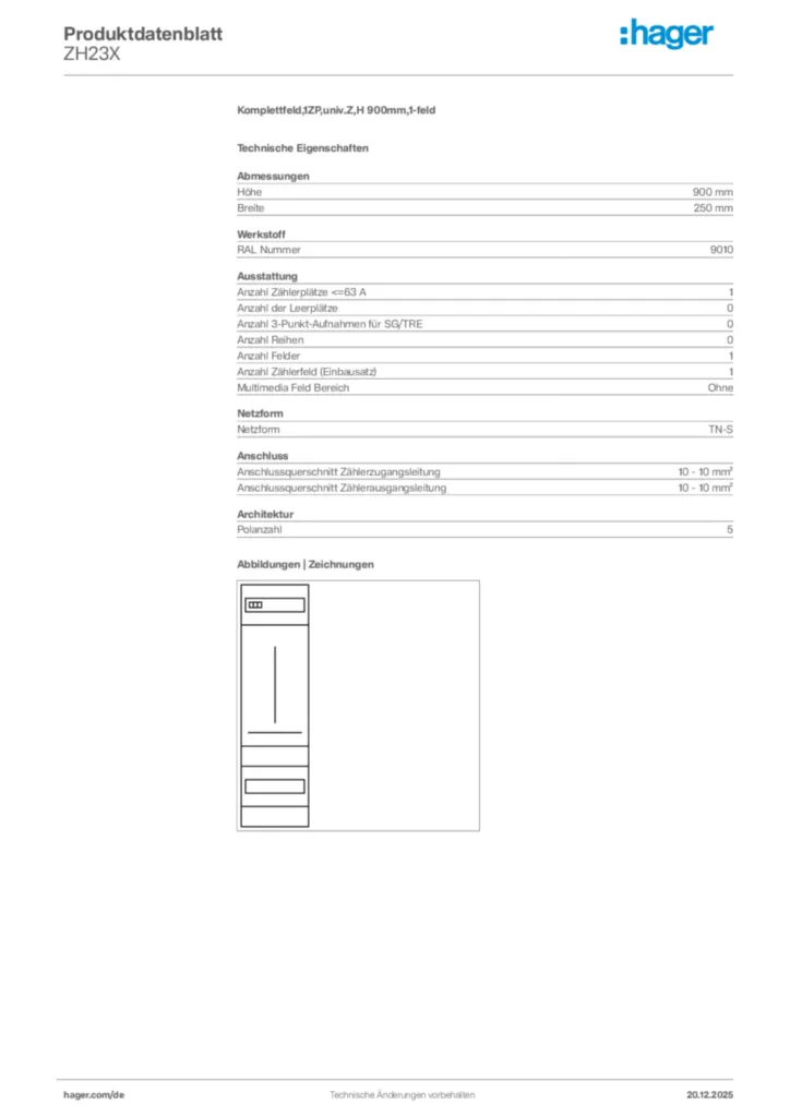 Bild Hager Produktdatenblatt ZH23X | Hager Deutschland
