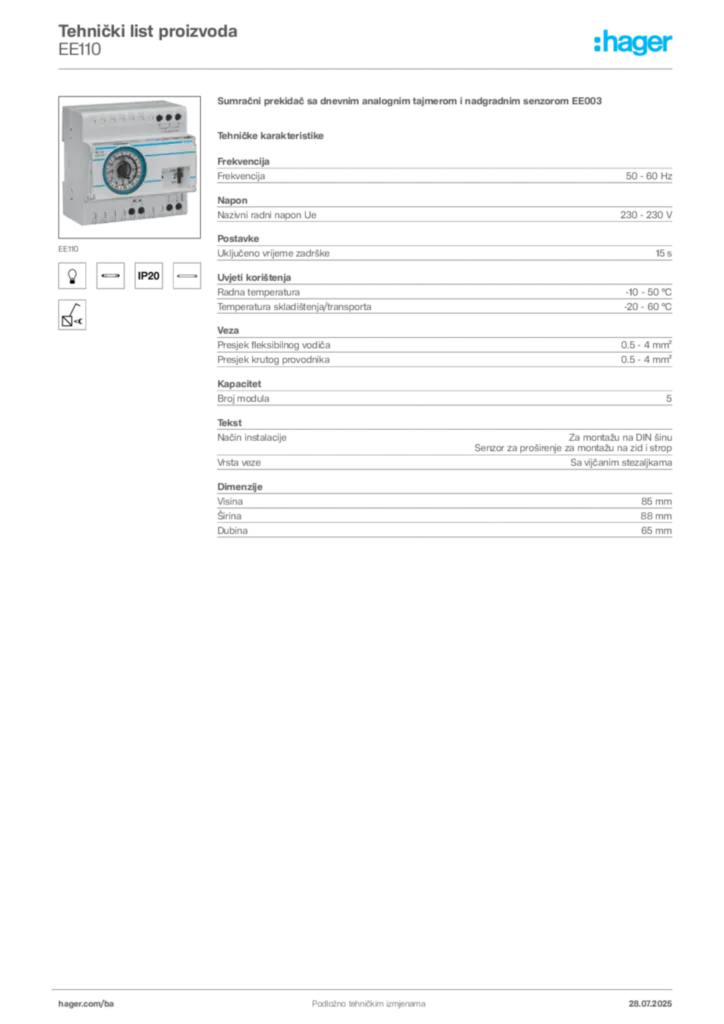 Slika Hager Product data sheet EE110  | Hager