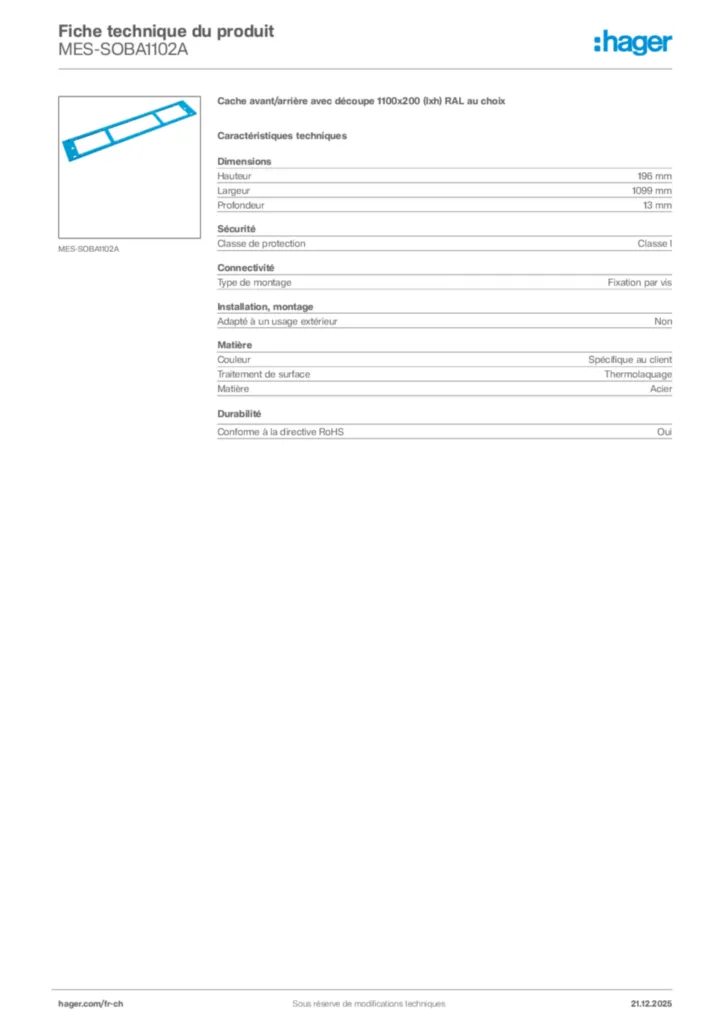 Image Hager Fiche technique du produit MES-SOBA1102A | Hager Suisse