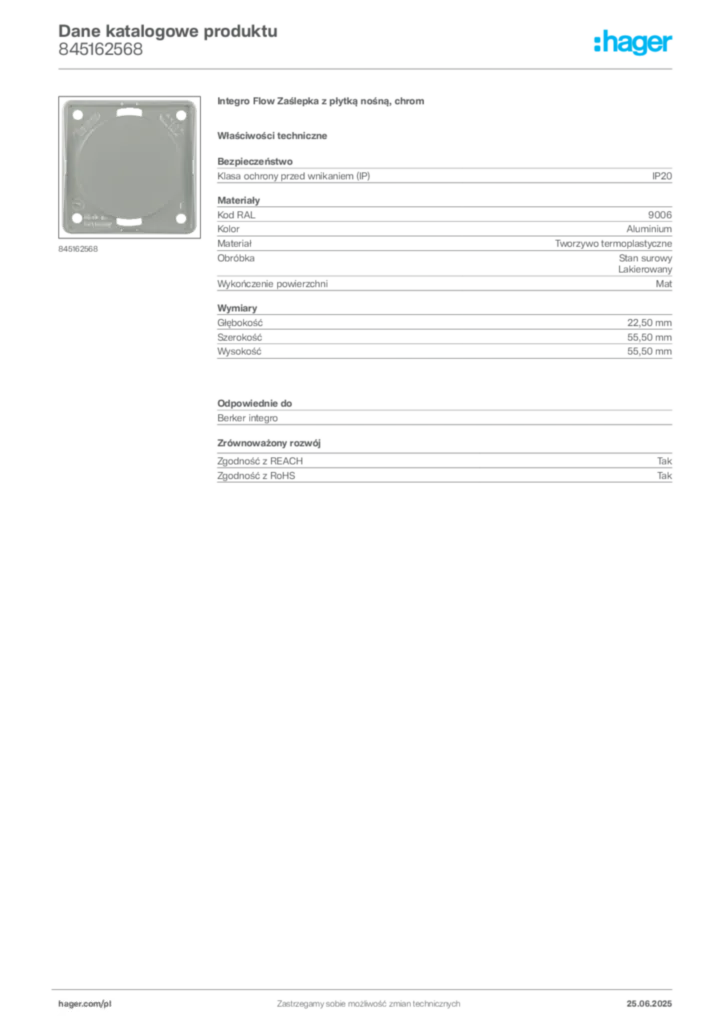 Zdjęcie Hager Dane katalogowe produktu 845162568 | Hager Polska