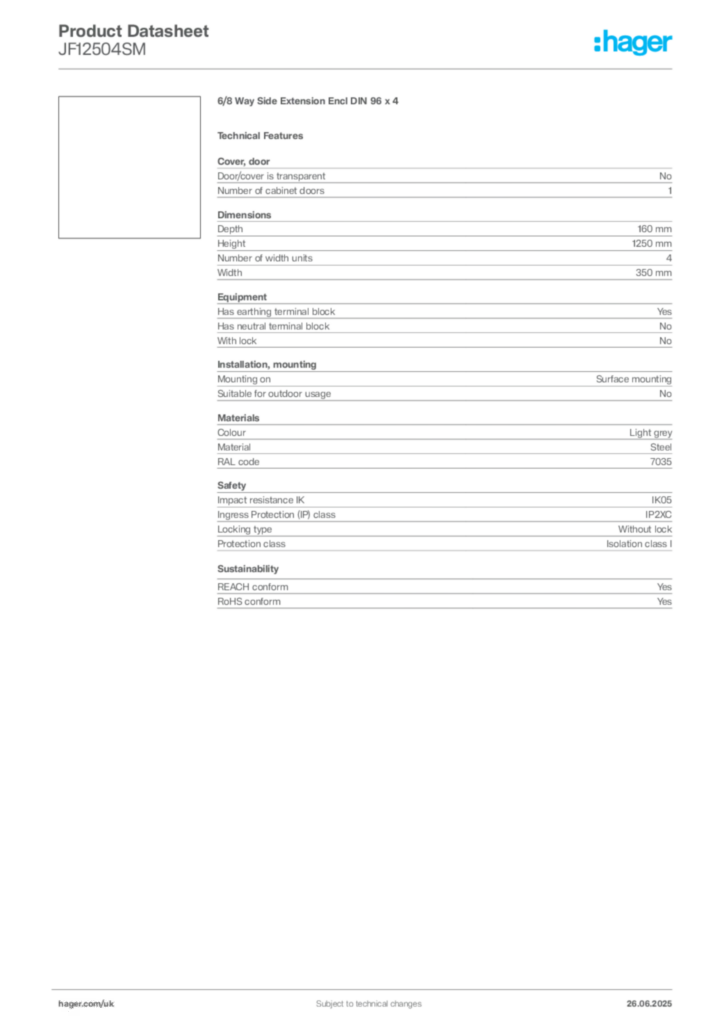 Image Hager Product data sheet JF12504SM  | Hager