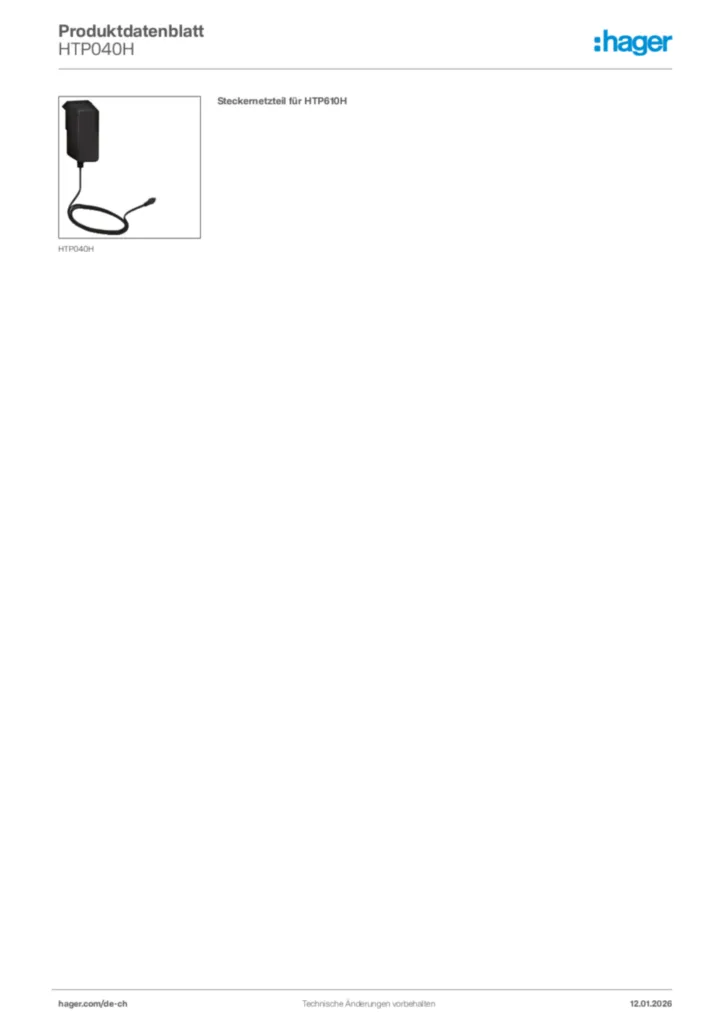 Bild Hager Produktdatenblatt HTP040H | Hager Schweiz