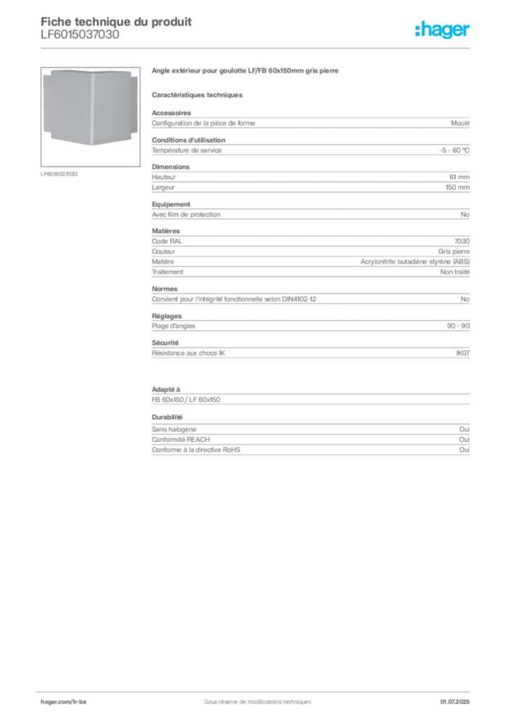 Image Hager Fiche technique du produit LF6015037030 | Hager Belgique