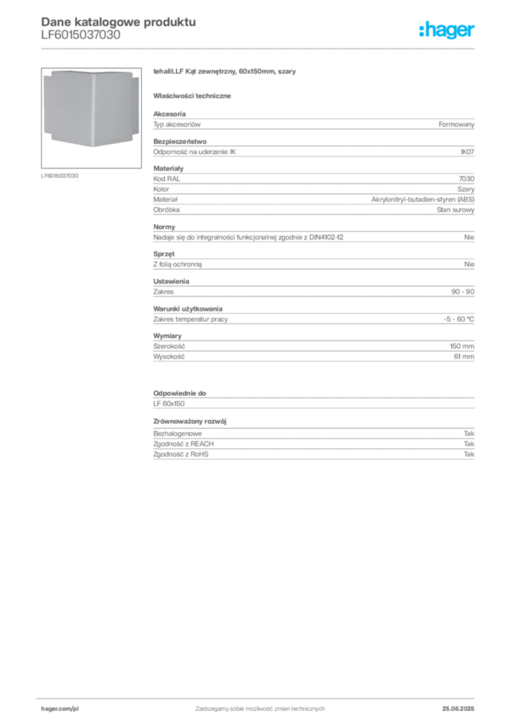 Zdjęcie Hager Dane katalogowe produktu LF6015037030 | Hager Polska