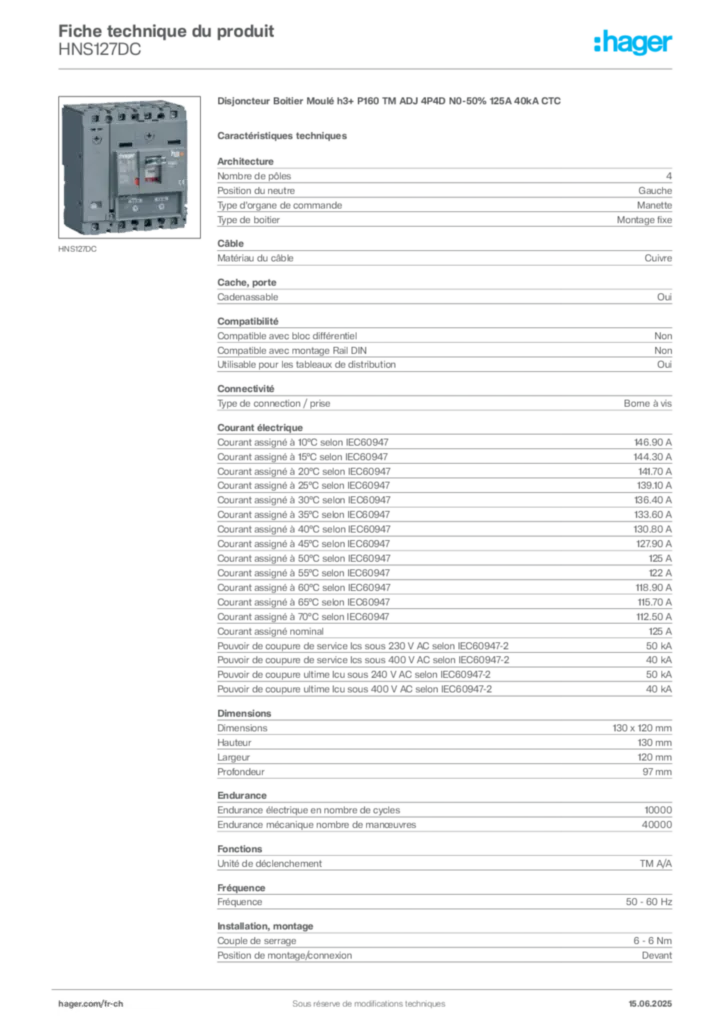Image Hager Fiche technique du produit HNS127DC | Hager Suisse