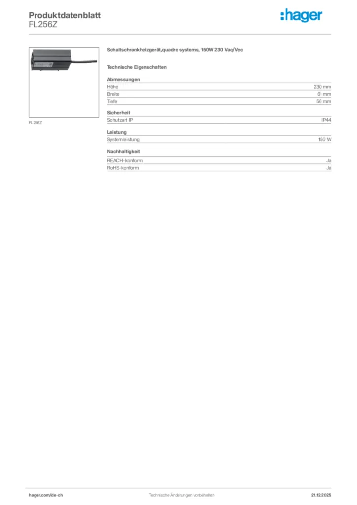 Bild Hager Produktdatenblatt FL256Z | Hager Schweiz