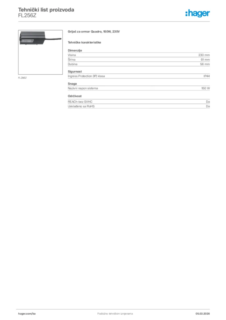 Slika Hager Tehnički list proizvoda FL256Z  | Hager