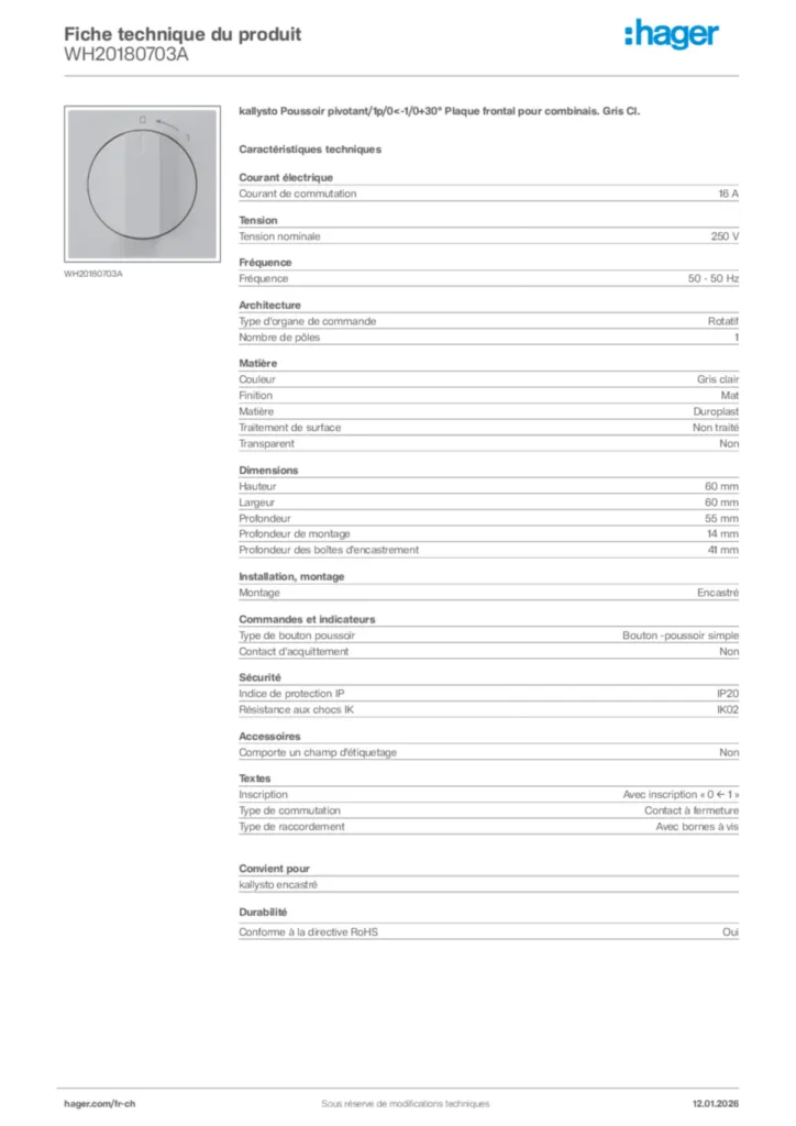 Image Hager Fiche technique du produit WH20180703A | Hager Suisse