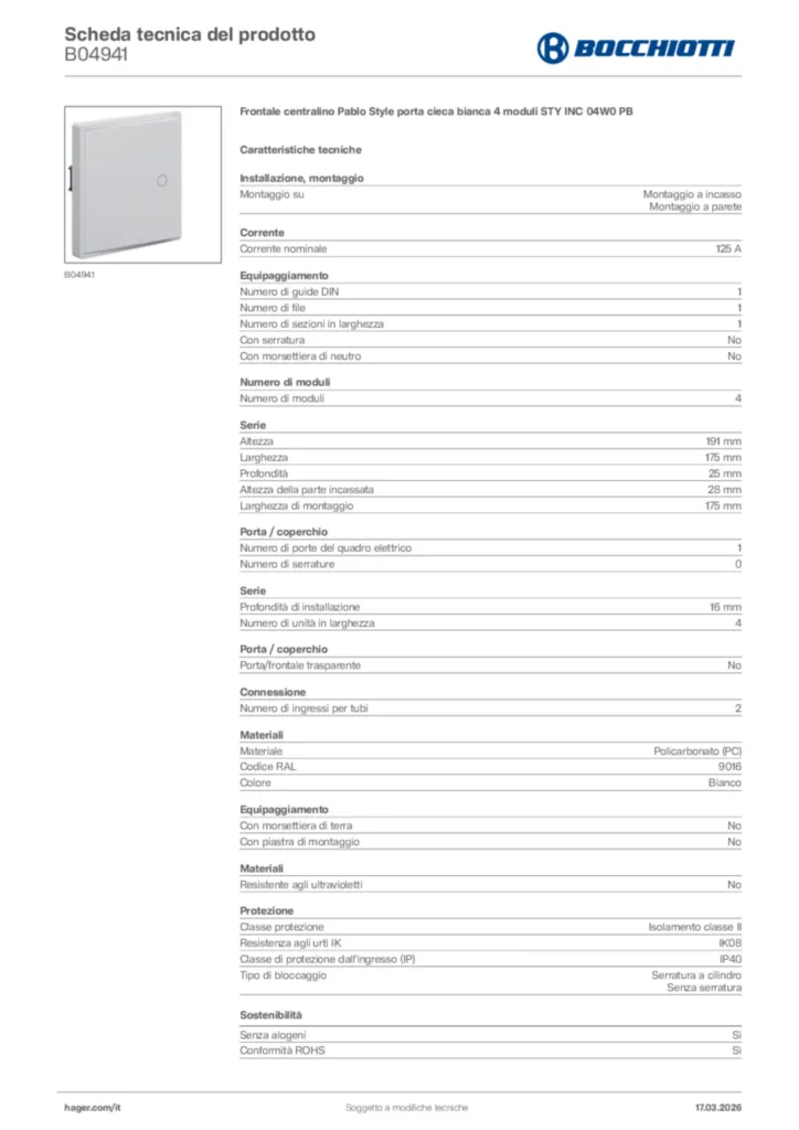 Immagine Bocchiotti Scheda tecnica del prodotto B04941 | Hager Italia
