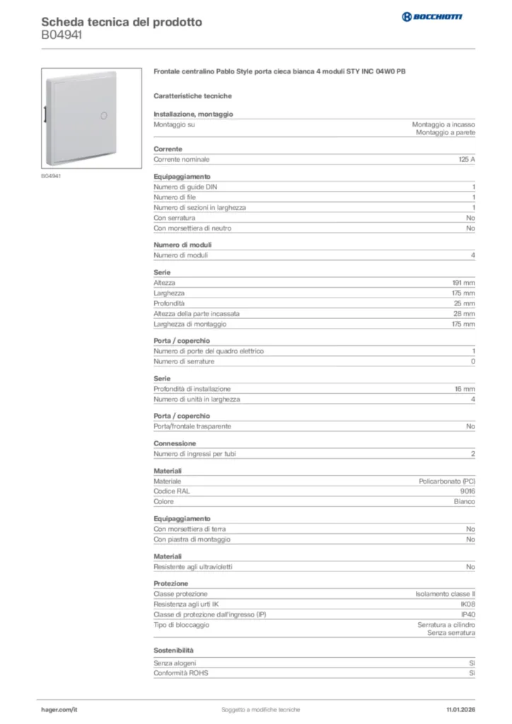 Immagine Bocchiotti Scheda tecnica del prodotto B04941 | Hager Italia