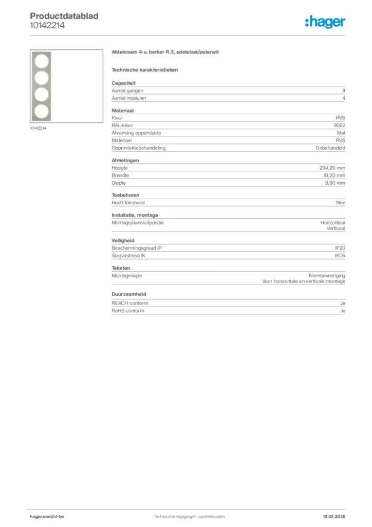 Afbeelding Hager Productdatablad 10142214 | Hager Belgium