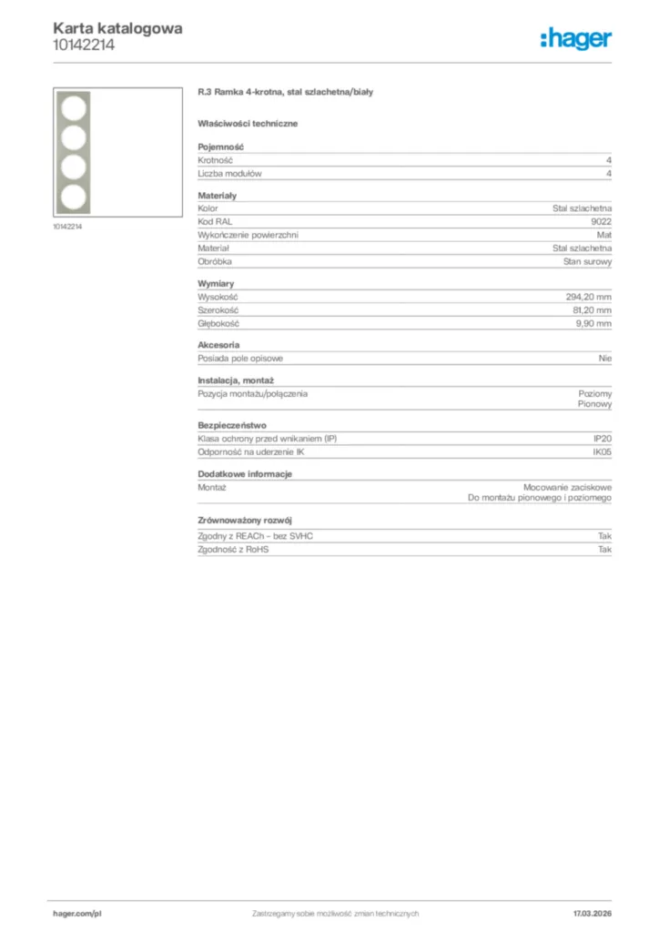Zdjęcie Hager Karta katalogowa 10142214 | Hager Polska