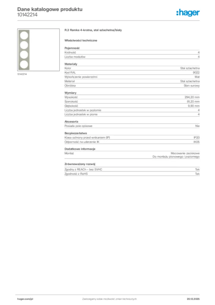 Zdjęcie Hager Dane katalogowe produktu 10142214 | Hager Polska