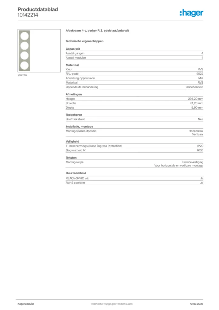 Afbeelding Hager Productdatablad 10142214 | Hager Nederland