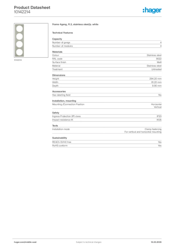 Image Hager Product data sheet 10142214  | Hager