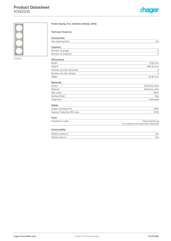 Image Hager Product data sheet 10142214  | Hager