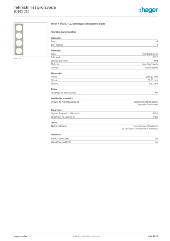 Slika Hager Tehnički list proizvoda 10142214  | Hager