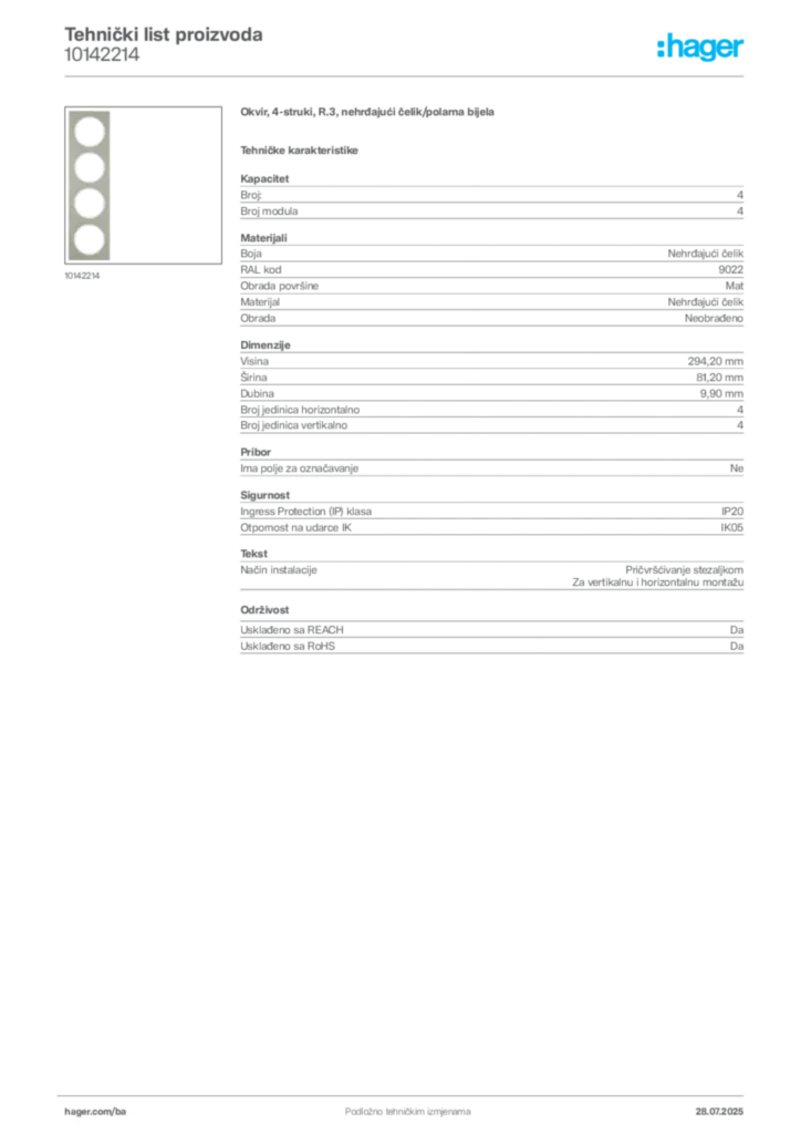 Slika Hager Product data sheet 10142214  | Hager