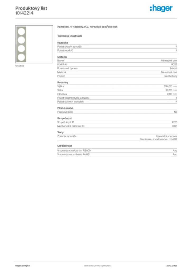 Obrázek Hager Produktový list 10142214 | Hager