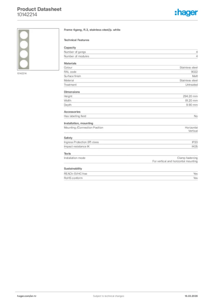 Image Hager Product data sheet 10142214  | Hager