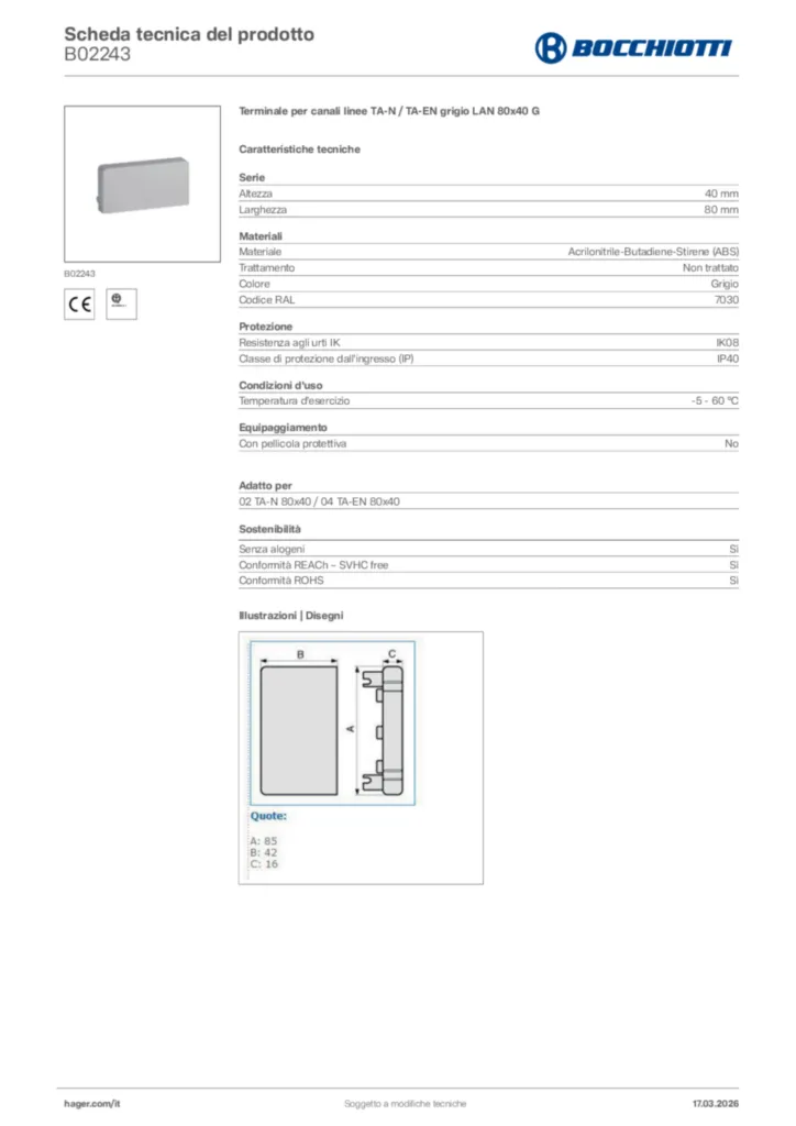 Immagine Bocchiotti Scheda tecnica del prodotto B02243 | Hager Italia