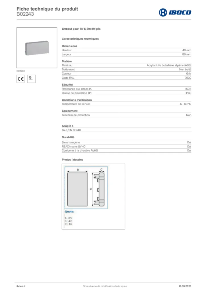 Image Iboco Fiche technique du produit B02243 | Hager France