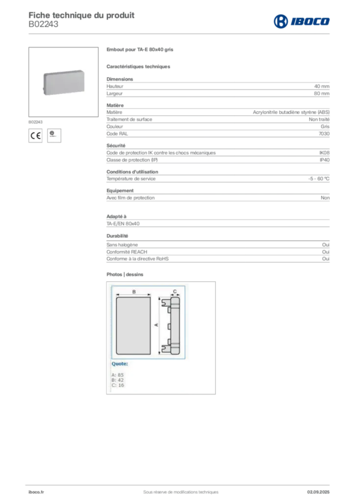 Image Iboco Fiche technique du produit B02243 | Hager France