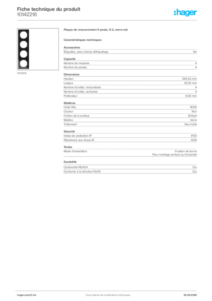 Image Hager Fiche technique du produit 10142216 | Hager Belgique