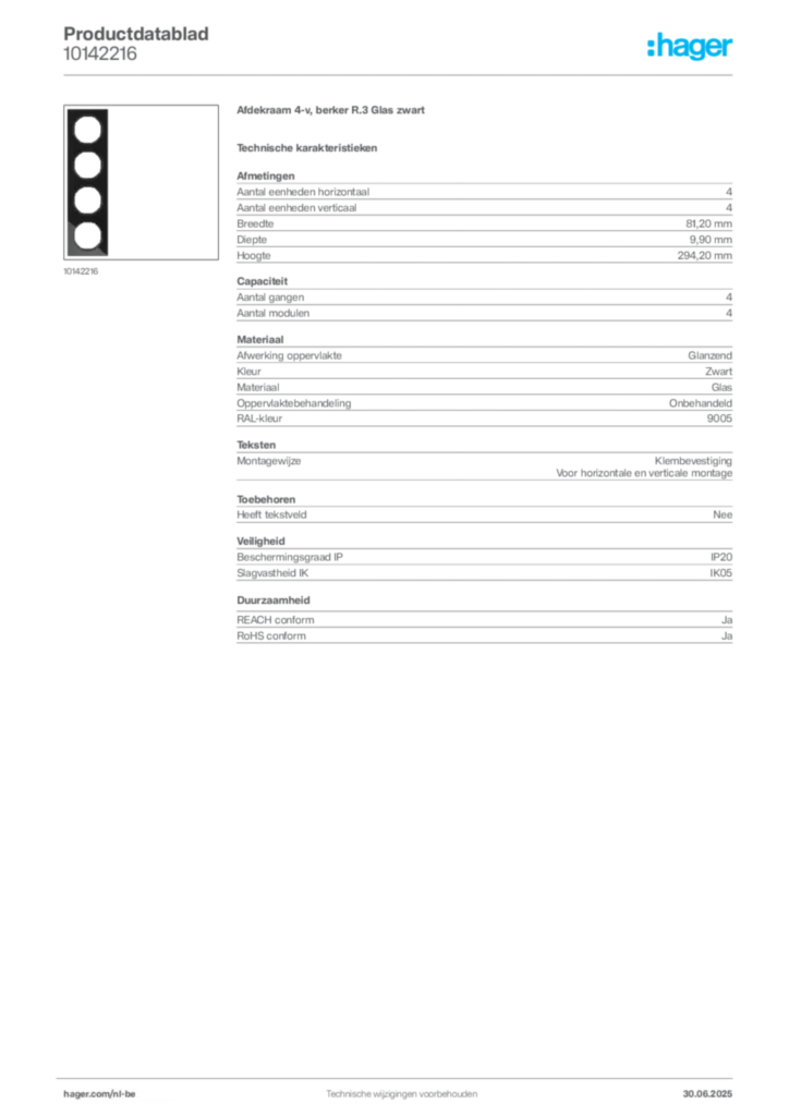 Afbeelding Hager Productdatablad 10142216 | Hager Belgium