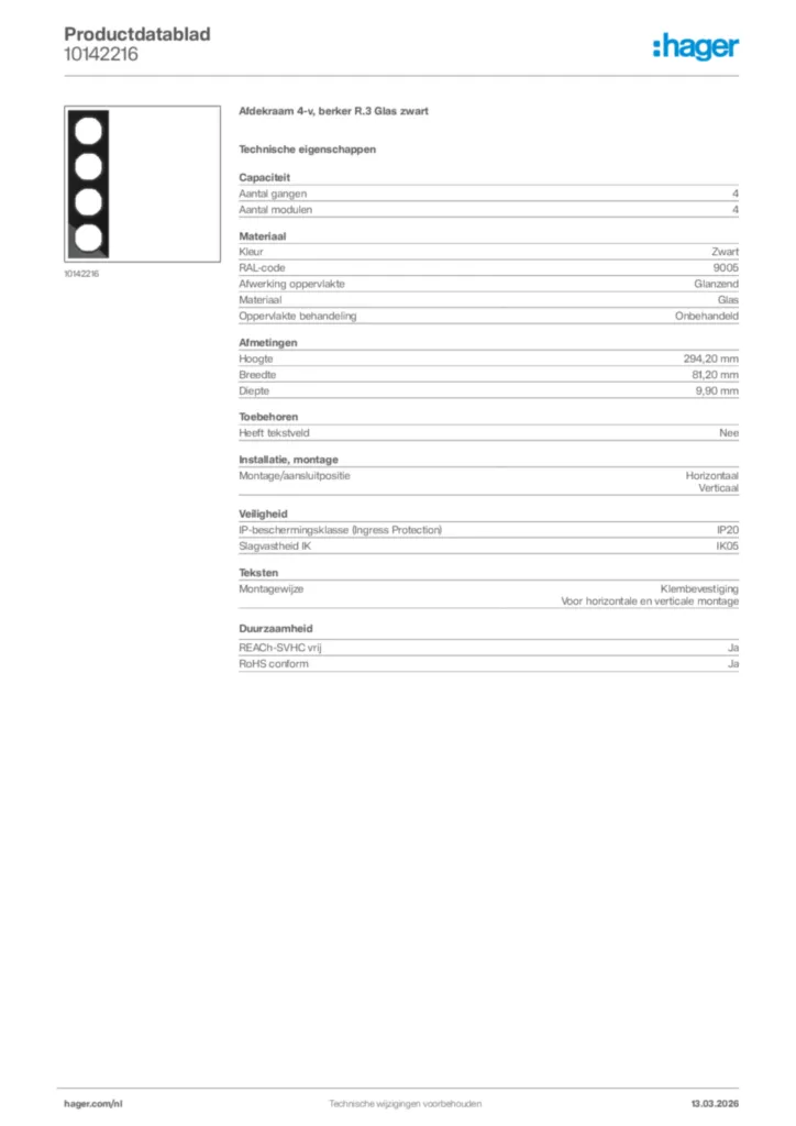 Afbeelding Hager Productdatablad 10142216 | Hager Nederland