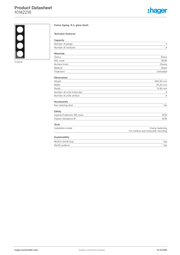 Image Hager Product data sheet 10142216  | Hager