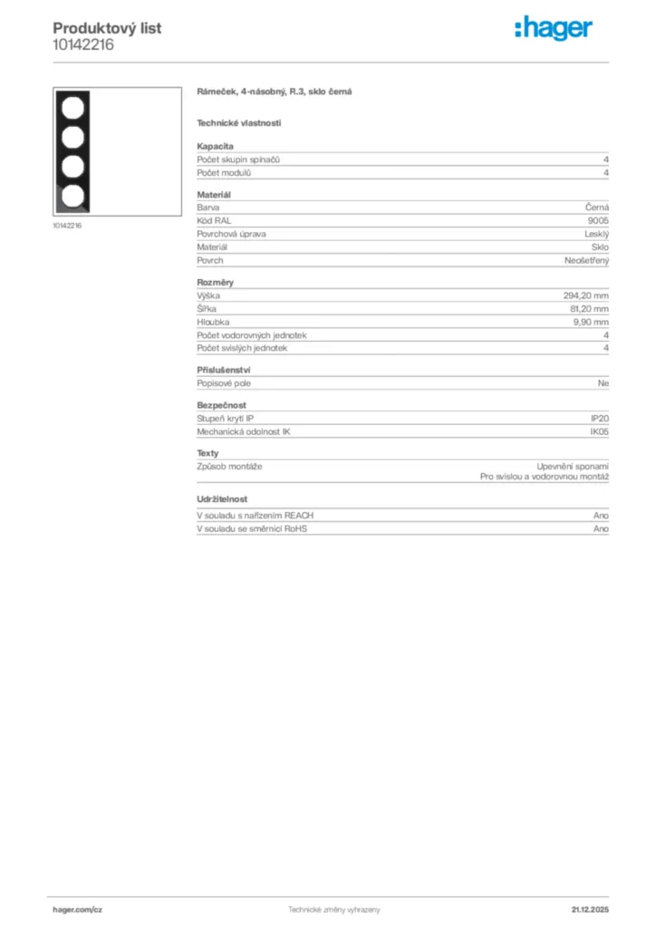 Obrázek Hager Produktový list 10142216 | Hager