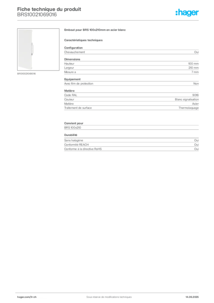 Image Hager Fiche technique du produit BRS10021069016 | Hager Suisse