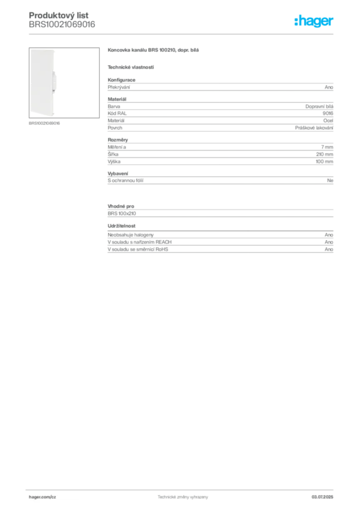 Obrázek Hager Produktový list BRS10021069016 | Hager