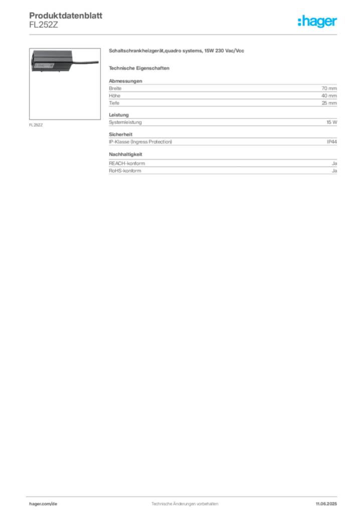Hager Produktdatenblatt FL252Z