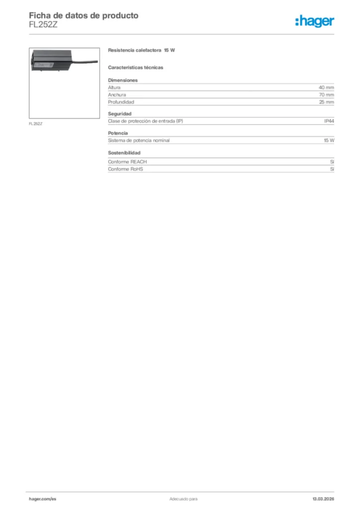 Imagen Hager Ficha de datos de producto FL252Z | Hager España