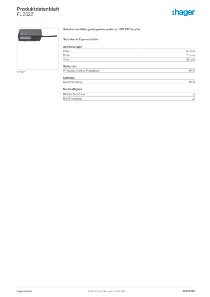 Bild Hager Produktdatenblatt FL252Z | Hager Deutschland