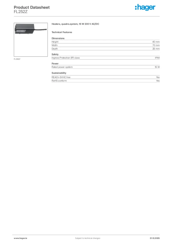 Image Hager Product data sheet FL252Z  | Hager