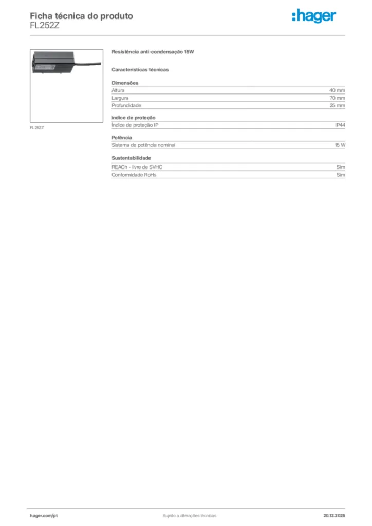Imagem Hager Ficha técnica do produto FL252Z | Hager Portugal