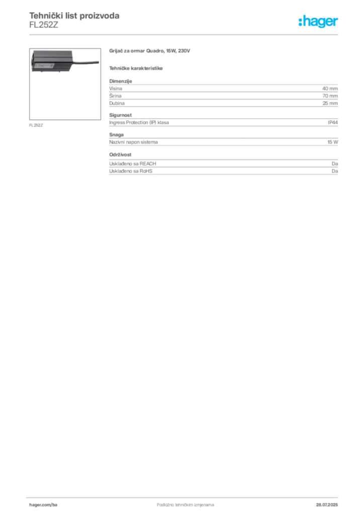 Slika Hager Product data sheet FL252Z  | Hager
